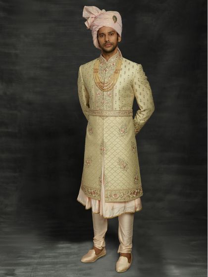 Golden Colour Silk Wedding Sherwani With Zari,Thread,Hand Work.