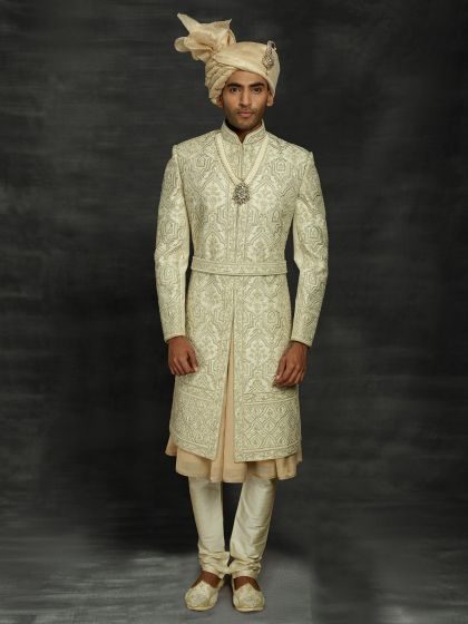 Cream Colour Silk Men's Sherwani.