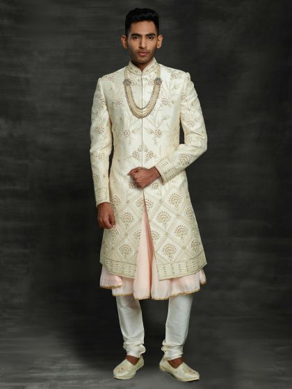 Off White Colour Silk Indian Designer Sherwani.