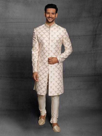 Cream Colour Silk Fabric Mens Sherwani in Thread,Hand Work.