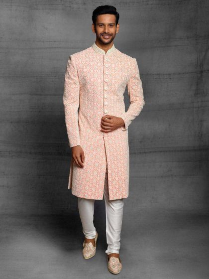 Peach Colour Silk Fabric Designer Sherwani in Thread,Hand Work.