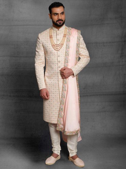 Silk Fabric Designer Sherwani Peach Colour in Thread,Hand Work.