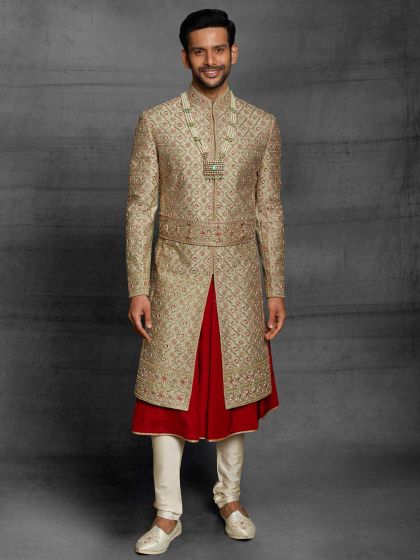 Green,Maroon Colour Silk Fabric Mens Sherwani.