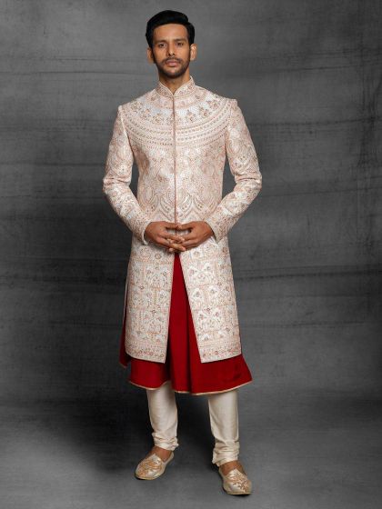 Off White,Maroon Colour Silk Wedding Sherwani.