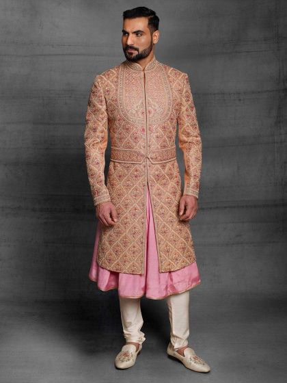 Orange,Pink Colour Silk Fabric Groom Sherwani in Thread,Hand Work.