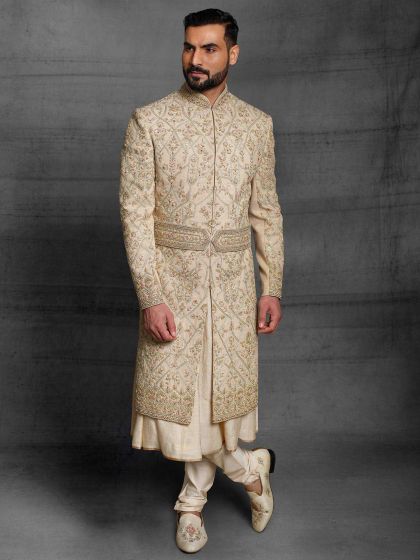 Beige,Cream Colour Silk Fabric Wedding Sherwani.