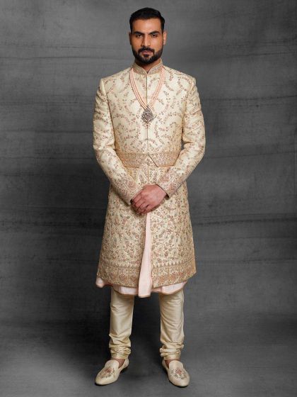 Golden,Pink Colour Silk Fabric Designer Groom Sherwani in Thread,Hand Work.