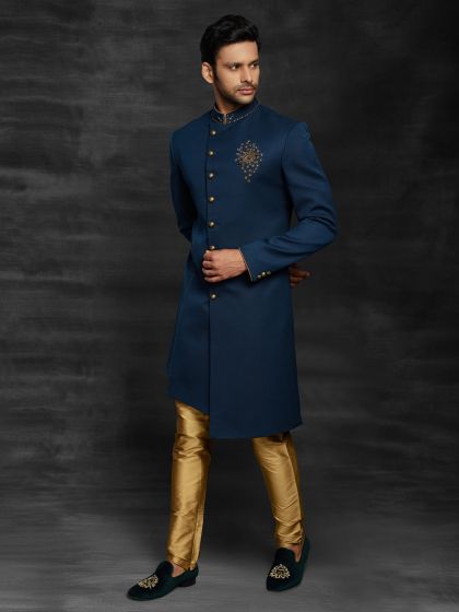 Blue Colour Imported Fabric Men's Indowestern With Hand Work.