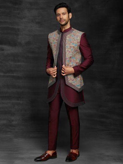 Maroon,Off White Colour Designer Men's Indowestern.