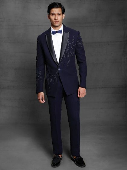 Navy Blue Colour Silk Fabric Designer Wedding Suit.