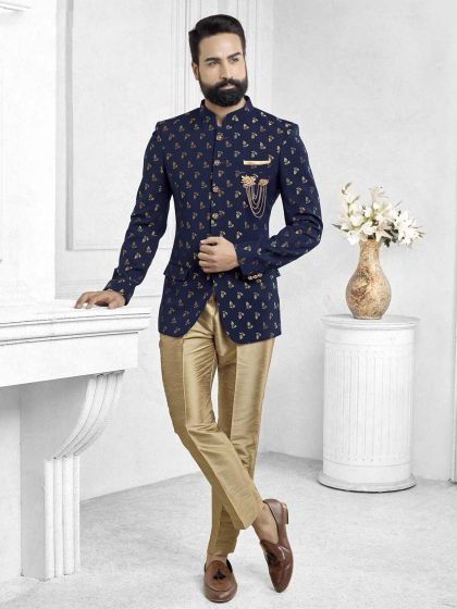 Blue Colour Designer Printed Jodhpuri Suit.