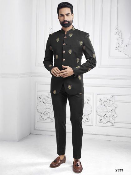 Black Colour Embroidery Work Mens Designer Jodhpuri Suit.