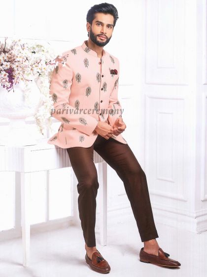 Peach Colour Imported Fabric Printed Jodhpuri Suit.