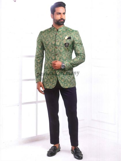 Green Colour Imported Fabric Mens Designer Jodhpuri Suit.