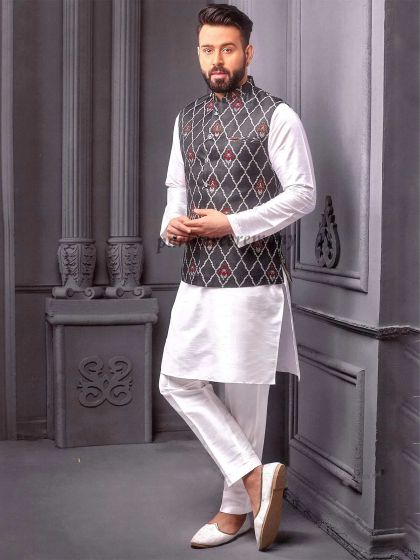 White Kurta Pyjama With Black Nehru Jacket