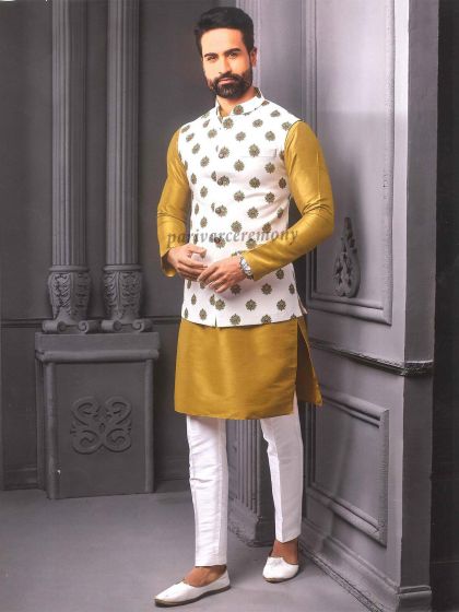 Impoted Fabric Mens Kurta Pajama Jacket Off White,Yellow Colour.