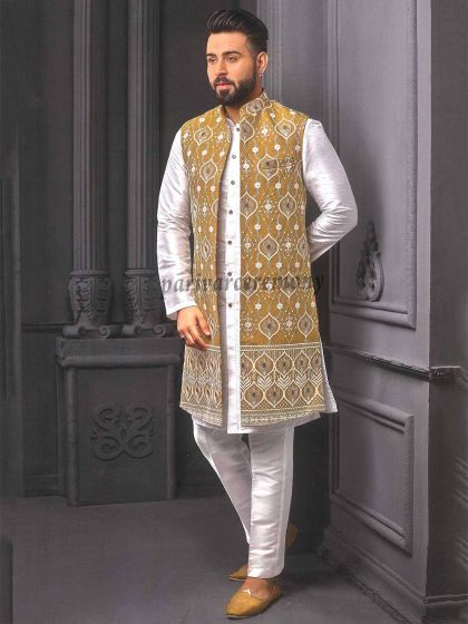 White & Golden Imported Fabric Kurta Jacket Set