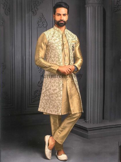 Imported Fabric Mens Kurta Pajama Jacket Cream,Golden Colour.