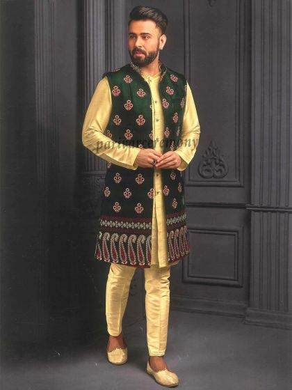 Stylish Kurta Pajama Jacket Green,Golden Colour in Imported Fabric.