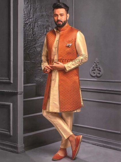 Golden,Orange Colour Imported Fabric Mens Kurta Pajama Jacket.