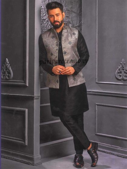 Grey,Black Colour Party Wear Kurta Pajama Jacket.