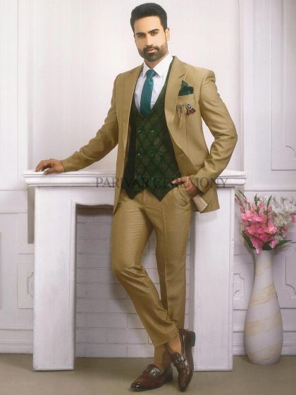 Elegant Three Piece Mens Suit Beige,Golden Colour Imported Fabric.