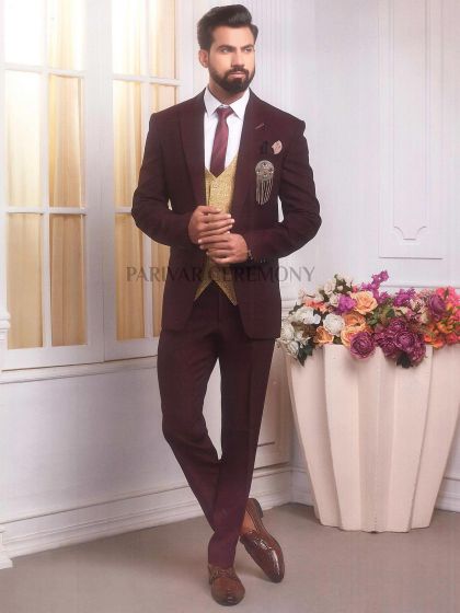 Elegant Wine Colour Imported Fabric Party Wear Mens Suit.