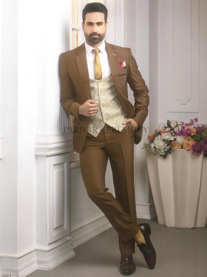 Stylish Designer Brown Colour Imported Fabric Mens Suit.