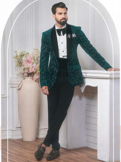 Green Colour Imported Fabric Designer Tuxedo Suit.