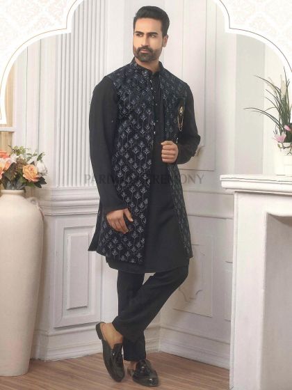 Fabulous Black Colour Imported Fabric Designer Long Kurta Jacket.