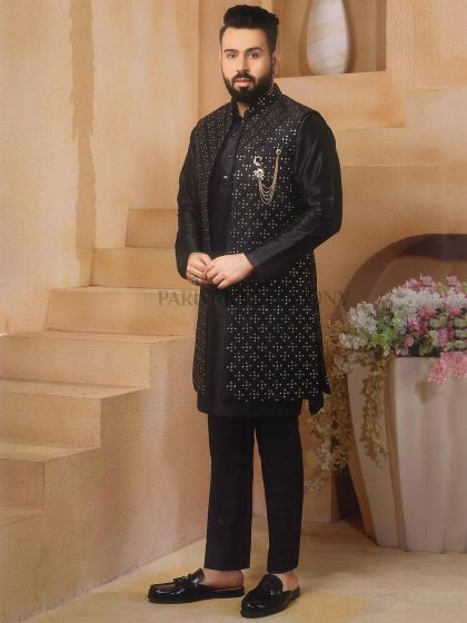 Indian Men Clothing - Black Color Party Wear Kurta Pyjama Jacket