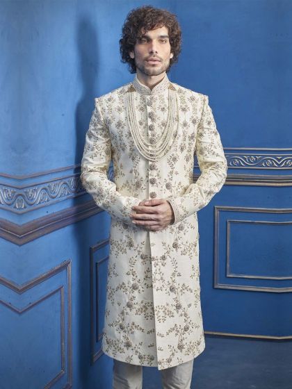 Cream Colour Silk Indian Designer Sherwani.