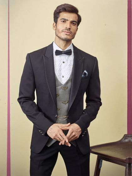 Designer Tuxedo Suit Black Colour.