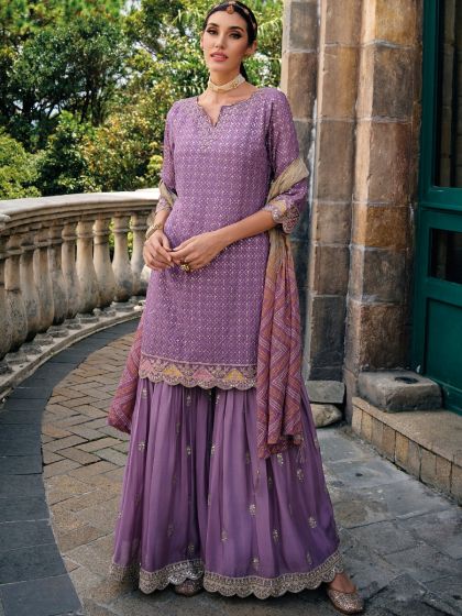 Purple Chiffon Suit Set In Sharara Style