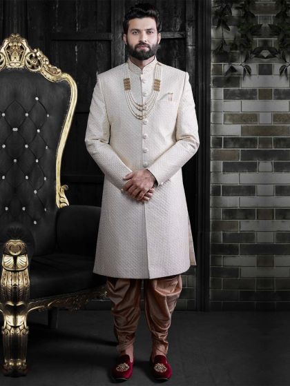 Cream,Off White Colour Latest Designer Groom Sherwani.
