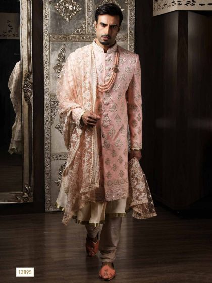 Peach Silk Embroidered Sherwani With Stole