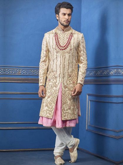 Golden Colour Indian Wedding Sherwani.