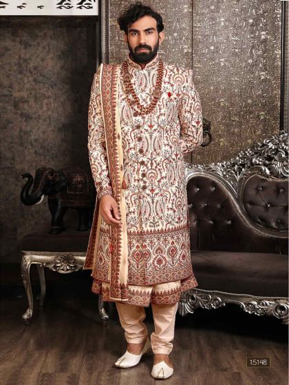 Cream Embroidered Mens Sherwani Set In Silk