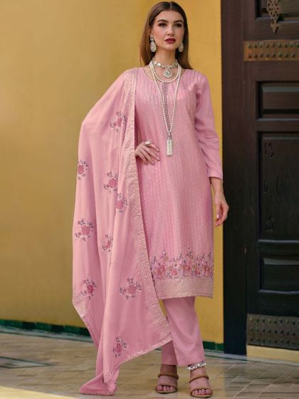 Pink Embroidered Party Wear Suit In Chiffon