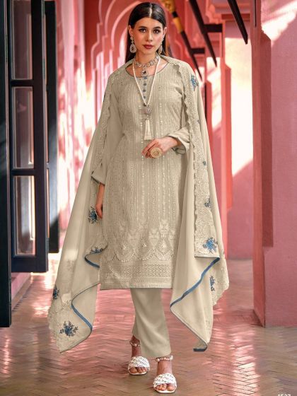 Grey Embroidered Straight Cut Party Wear Suit