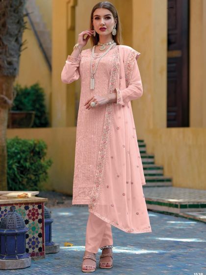 Peach Embroidered Party Wear Suit In Georgette