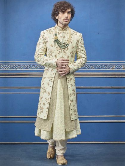 Wedding Sherwani For Groom Cream Colour.