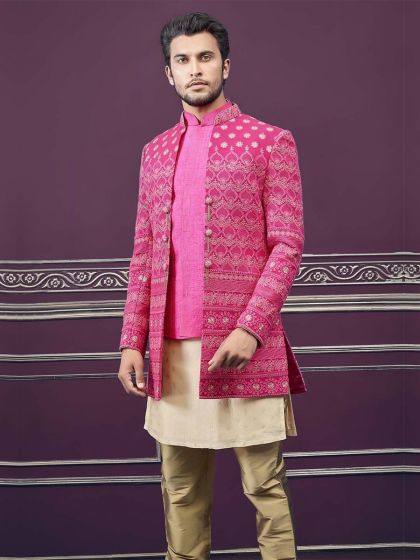 Pink Designer Indo Western Sherwani In Silk