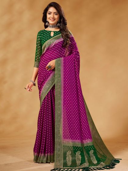 Purple Printed Saree With Blouse In Georgette