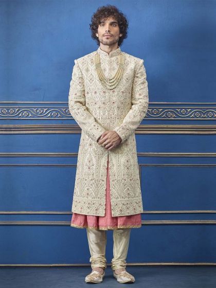Cream Colour Indian Men's Sherwani.