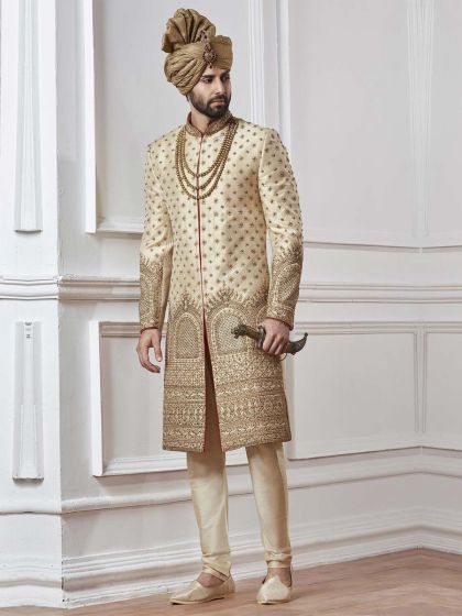 Cream,Golden Color Indian Sherwani.