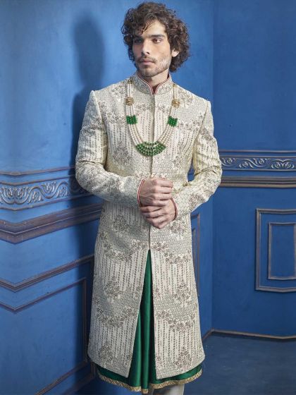 Cream Colour Silk Indian Sherwani.