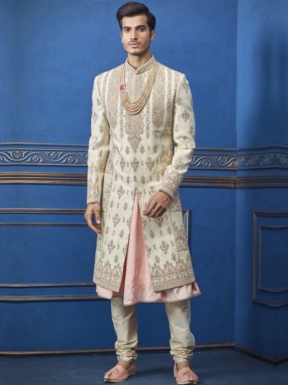 Cream Colour Silk Men's Sherwani.