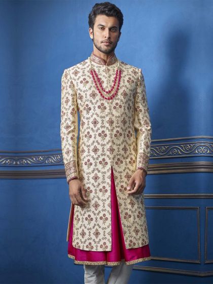 Indian Groom Sherwani Cream Colour.