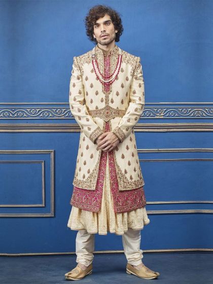Cream Colour Silk Fabric Indian Sherwani For Men.